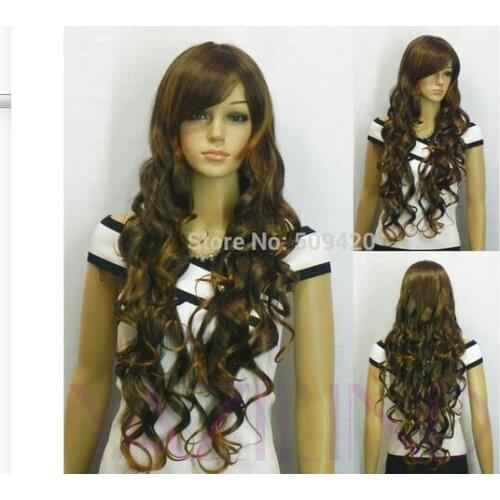 826>>>>>>hot sell long curly wavy women anime cosplay party wig gift fashion brown new