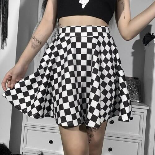 Gothic Black White Plaid Mini Skirts Summer Sexy High Waist A Line Checkered Skirt Harajuku Women Short Skirt Streetwear