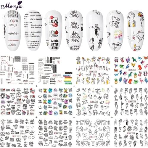 Monja 12pcs Nail Art Animal Human Face English Series Mixed Design Water Transfer Foil Decals Stickers DIY Decorations