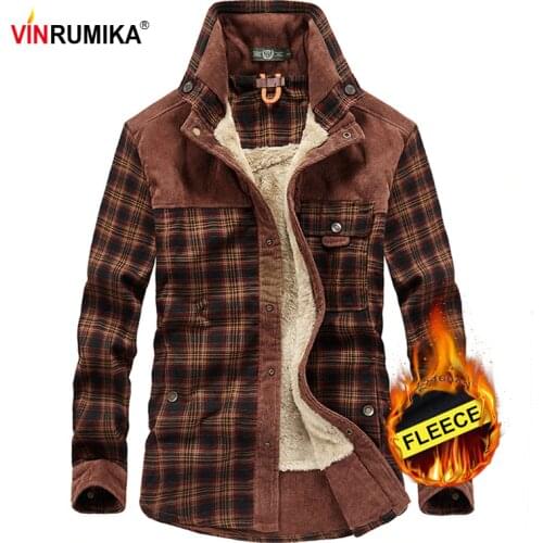 Large Size M-4XL Mens Winter Warm Thicken Fleece 100% Cotton Casual Brand Coffee Plaid Shirt Man Army Grid Long Sleeve Shirts
