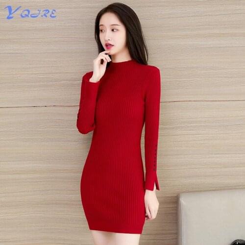 YQJRE New Autumn And Winter Womens Tight Sweater Sexy Long Sleeve Base Skirt Pencil High Neck Mini Club Elasticity Dress