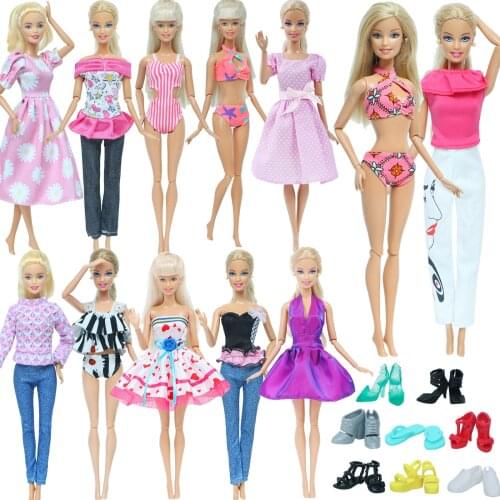 Wholesale Doll Outfit 5 Pcs Cute Mini Dress T-shirt Pants Pink Bikini Flat High Heels Shoes Clothes for Barbie Doll Accessories