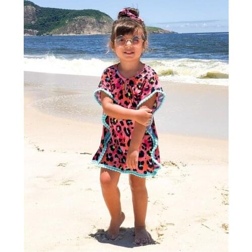 Toddler Baby Girl Swim Cover-Up Leopard/White Print Tassel Sundress Pompom Beach Swimwear Cover Ups Summer Clothes Outfits 0-5T