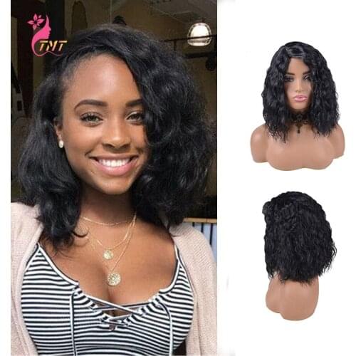 Synthetic Resistant Short Black Side Part Water Wave Wig 180% Density Natural Looking Wig Short Wave Bob Wig for Black Woman
