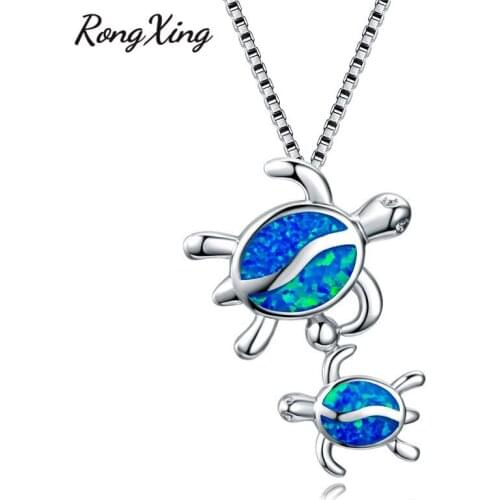 RongXing Chic Blue Fire Opal Double Turtle Pendants Necklaces for Women Silver Color Fashion Animal Jewelry NL0114