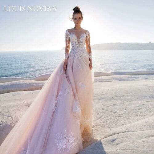 Louis Novias Deep V-neck Pink Wedding Dress Long Sleeve Luxury Lace Decal Sexy Princess Bridal Dress Custom Vestido De Noiva