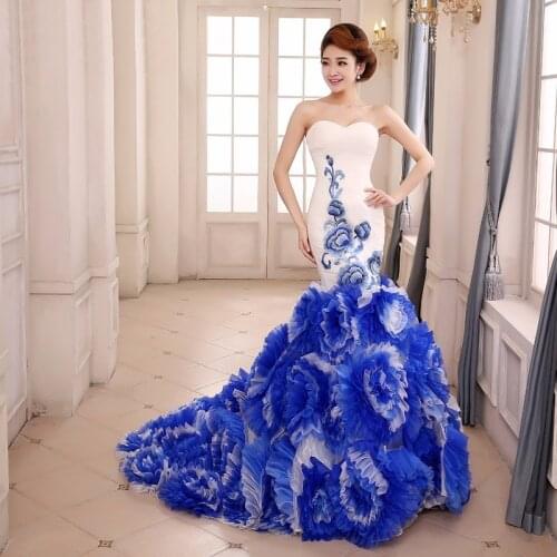 Blue And White Porcelain Chinese Evening Dresses Long Cheongsam Fashion Shows Trailing Oriental Style Bride Party Gowns China
