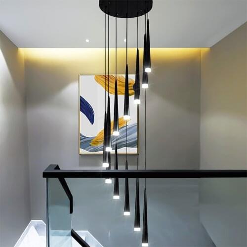 Stair Chandelier Modern Duplex Apartment Living Room Hanging Lamps Nordic Restaurant Loft Rotating Black Long LED Pendant Lamp