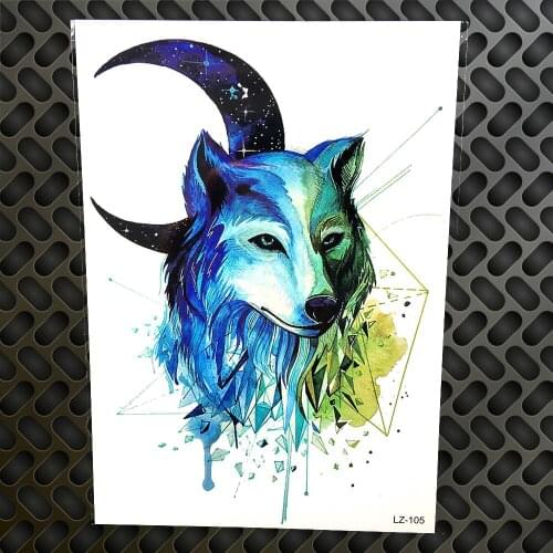 Geometry Tribal Blue Wolf King Arabic Moon Temporary Tattoo Sticker Women Fake Flash Tatoo 21*15CM Diamond Waterproof Tattoo Men