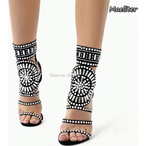 Hot Selling Women Fashion Open Toe Rhinestone Design High Heel Sandals Crystal Ankle Wrap glitter diamond Gladiator Sandals