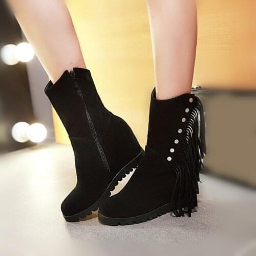 YMECHIC 2018 Womens Ankle Boots Increase High Heels Black Yellow Rivet Fringe Tassel Ladies Winter Shoes Plus Size Woman Boots