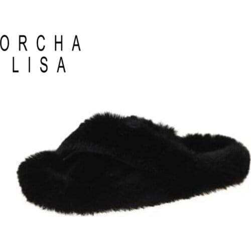Women 2021 Luxury Designer Winter Thick Bottom Platform Plush Furry Slippers Cross Upper Faux Fur Warm Outdoor Indoor Beig Cute