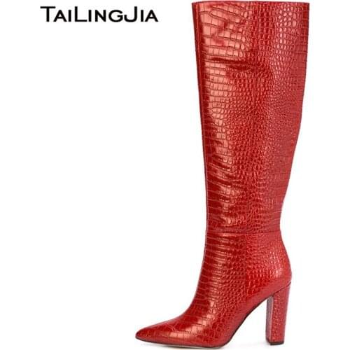 Red Crocodile Knee High Boots For Women 2019 High Block Heel Long Boots Chunky Heel Tall Boot Pointed Toe Ladies Winter Shoes