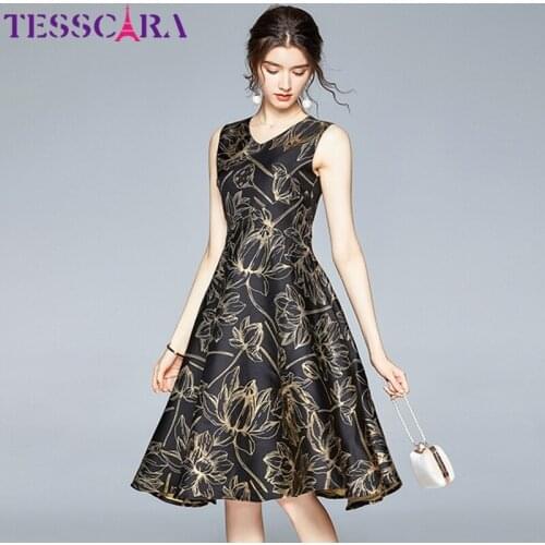 TESSCARA Women Luxury Jacquard Dress Festa High Quality Elegant Evening Party Robe Femme Vintage Designer Sleeveless Vestidos