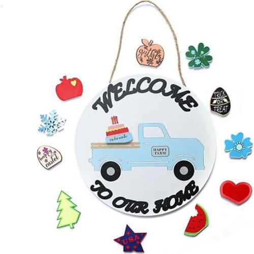 Garden Welcome Sign Wood Flower Wreath Holiday Hanging Front Door Sign Welcome Wall Sign Home Pendant Decoration