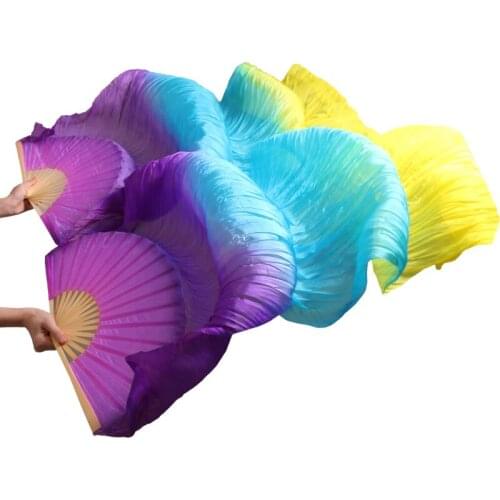 100% Silk Belly Dance Fans 1 Pair Handmade Dyed High Quality Bamboo Ribs Long Silk Dancing Fans Purple+Turquoise+Yellow 180x90cm