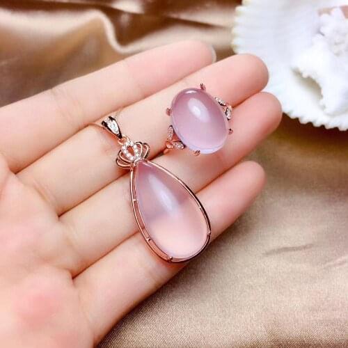 100% Natural and Real Rose Quartz Jewelry set Natural And Real Rose Quartz Set 925 sterling silver 1pc ring,1pc Pendant
