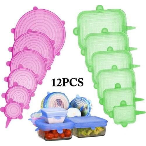 12pcs Reusable Silicone Food Cover Elastic Stretch Adjustable Bowl Lids Universal Kitchen Wrap Seal Fresh Keeping Silicone Caps