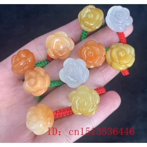 5pc Natural Gold Jade Carved Lucky Rose Ring Accessories DIY Handmade Chinese Necklace Jewellery Amulet Women Customizable