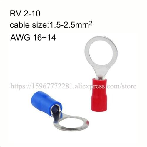 500PCS copper insulated ring terminal RV2-10/3/4/5/6/8/12 AWG16-14 Imax 27A 1.5-2.5mm2 Cold pressed terminal O type