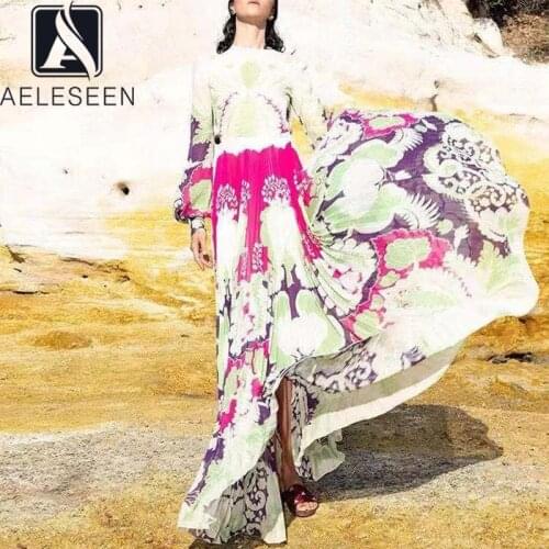 AELESEEN Runway Fashion Oversize Dress Women 2021 Spring Autumn Full-Sleeve Flower Print Pleated Elegant Maxi Party Dress