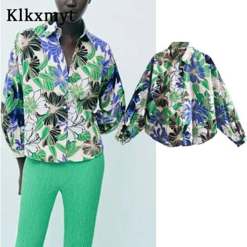 Klkxmyt Za Floral Print Blouses Women Long Puff Sleeve Vintage Shirts Woman 2021 Button Up Shirts Fashion Streetwear Ladies Tops