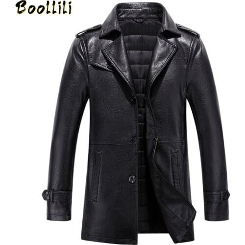 Boollili Winter Mens Leather Jacket Casual Business Thick Faux Leather Jacket Mid Long Cotton Lining Jaqueta Couro Plus Size