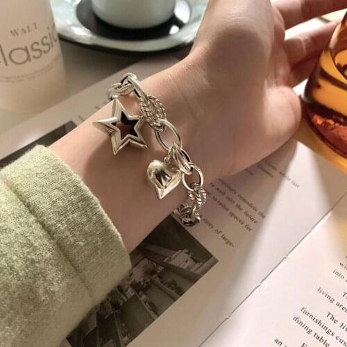 VENTFILLE 925 Sterling Silver Love Heart Star Bracelet Retro Thick Chain hip hop Personality Hand Accessories 2021 New