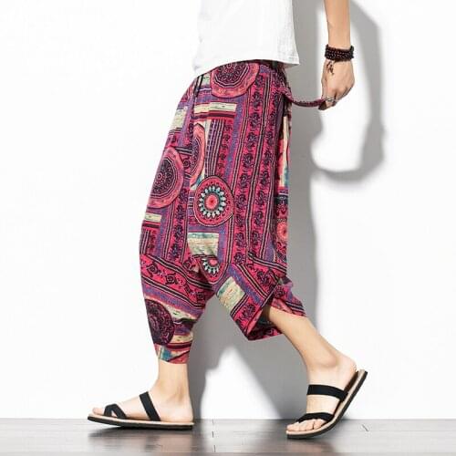 Men Summer Wide Leg Pants Man Casual Calf-length Pants 2021 Streetwear Cotton Printed Male Baggy Harem Pants