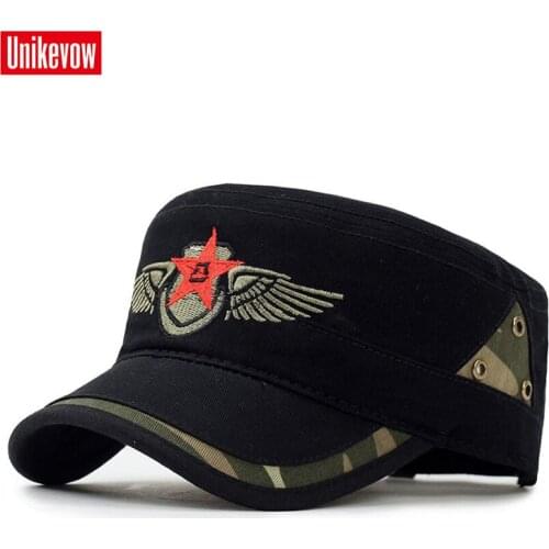 Brand Unikevow Military hats with Star Embroidered Adjusted baseball cap Flat top Hat for men and women Militaire gorra