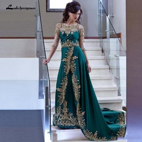 Emerald Green Gold Lace Mother of the Bride Dresses Half Sleeve Party Dress Applique Beaded Celebrity Evening Gowns