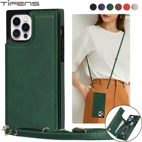 Leather Wallet Flip Case For iPhone 12 Mini 11 Pro Max XS XR X 7 8 6 6s Plus SE 2020 Shoulder Strap Card Holder Phone Bags Cover