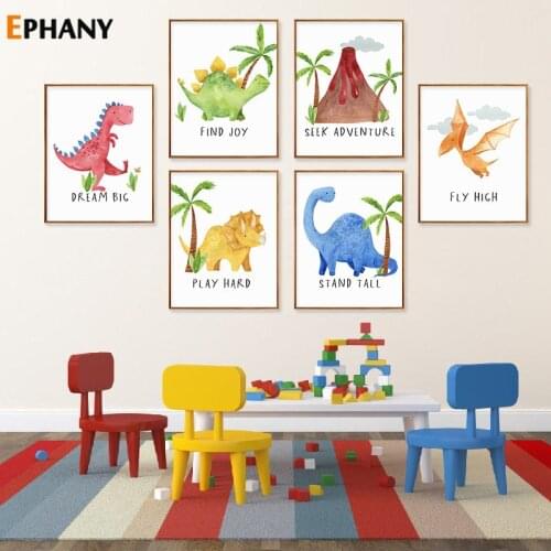 Minimalist Watercolor Cartoon Dinosaur Painting Picture Nursery Print Poster for Childrens Bedroom Canvas Wall Art Home Decor