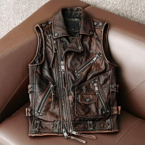 2021 Retro Brown Style Genuine Leaher Vest Men Plus Size 4XL Real Natural Cowhide Spring Slim Fit Motorcycle Coat