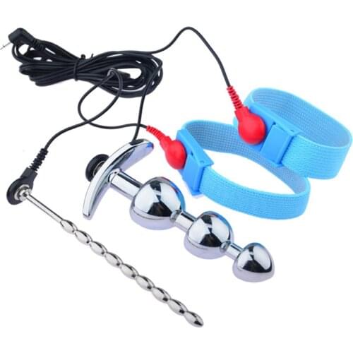 Male Electric Shock Sex Massage Anal Plug Beads Cock Ring Penis Urethra Plug Dilator E-Stim Stimulation Sex Toys for Men