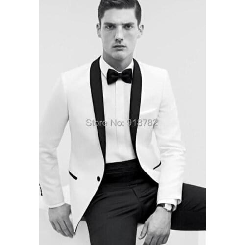 New Arrival 2017 Ellegant Groom Tuxedos White Suit Black Lapel Wedding Suit Bridegroom Suits Custom Made (Jacket+Pants+Bow)