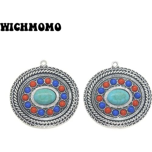 New 2pieces/bag 43*44MM Retro Zinc Alloy Inlaid Acrylic Beads Oval Charms Pendant for DIY Jewelry Necklace Accessories Gifts