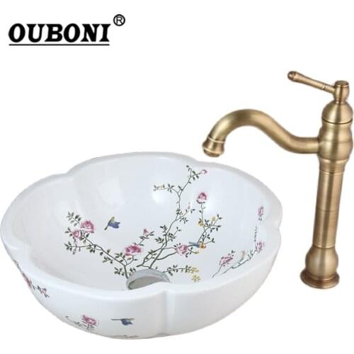 OUBONI Waterfall Antique Brass Art Ceramic Vessel Sink Bathroom Faucet Bathroom Sink Set & Design Black Inside Basin Mixer Tap
