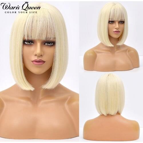 Synthetic Blonde Wig With Bangs Short Stright Bob Wigs For Women Heat Resistant Natural Cosplay Party Daily Hair Medium Size