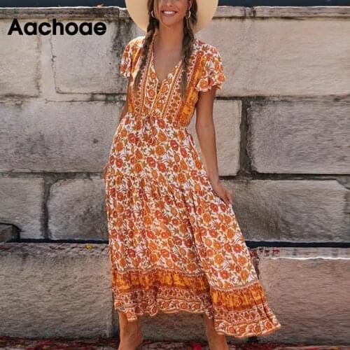 Aachoae Women Boho Floral Print Midi Dress Flare Sleeve Vintage Beach Dress V Neck Loose Pleated Summer Dress Vestidos Mujer