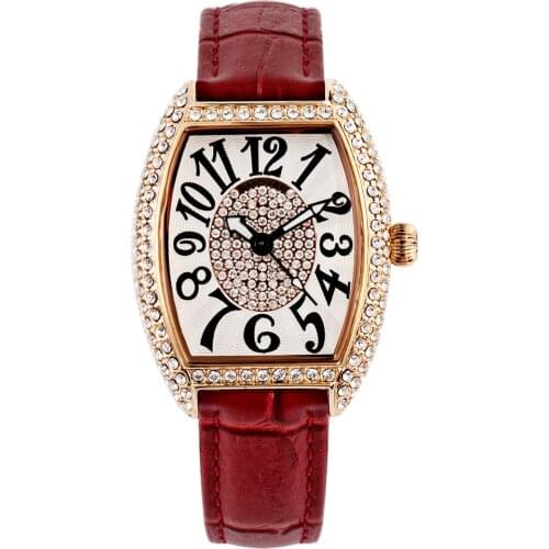 Rectangle Luxury Ladies Watches With Diamonds And Genuine Leather Band