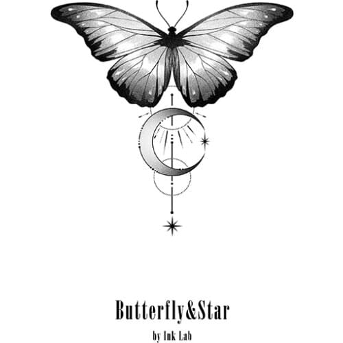 73MM×72MM Butterfly Star Moon Tattoo Sticker Waterproof Long-lasting Dark Gothic Geometric Lines for Men and Women