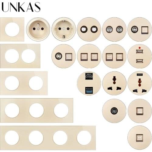 UNKAS Gold Glass Panel EU French Socket USB Charger TV RJ12 Telephone RJ45 Computer Modules DIY Free Combination Outlet