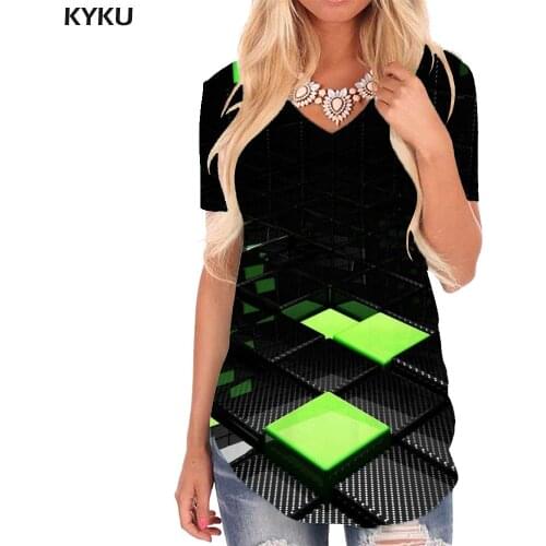 KYKU Abstract T Shirt Women Psychedelic V-neck Tshirt Green Tshirts Printed Cube Funny T shirts Womens Clothing Summer