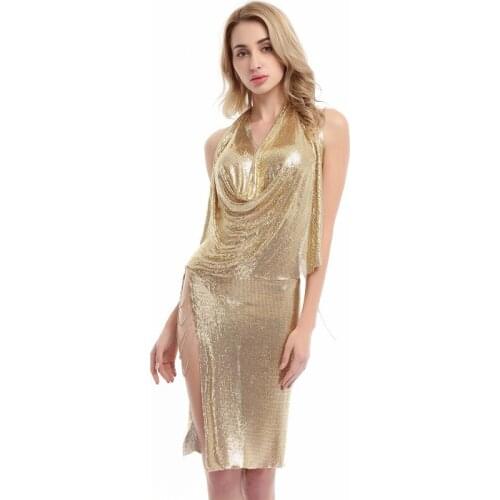 2021Womens casual skirt sexy metal sequin stitching body chains European and American hot slit skirt