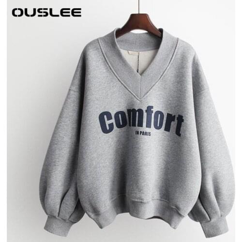 Ouslee Winter Autumn Korean Style Womens Oversize Sweatshirt Casual Loose Cotton Thick Letter Long Sleeve Basic Casual Hoodies