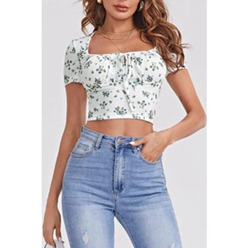 Womens Fashion Small Floral Short Sleeve Drawstring Tie Tops Tight Short T-Shirt White