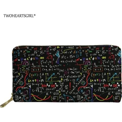 Twoheartsgirl Black Math Formula Pu Leather Wallet Zipper Purse for Women Classic Female Ladies Phone Bag Long Coin Purse
