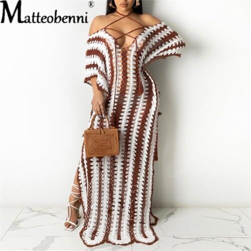 2021 Womens Summer Beachwear Crochet Bandage Off-Shoulder Hollow Out Knitted Maxi Dress Ladies Fashion Casual Split Fork Dress