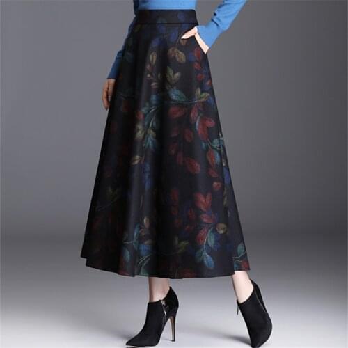 Neophil 2021 Winter Wool England Style A-Line High Waist Skirts Floral Pattern Plus Size Woolen Pockets Ladies Longa Saia S92D8